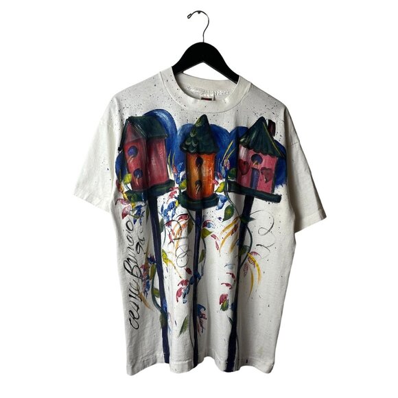 Vintage 90s Bird House Painted T Shirt Adult White XL Extra Large Single Stitch - Picture 1 of 13